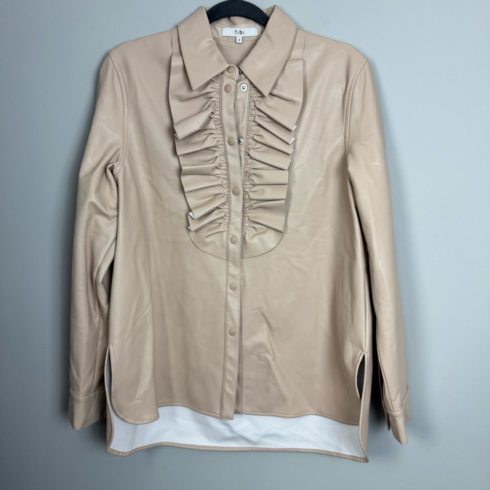 TIBI | Tan Ruffled Snap-Up Faux Leather Blouse Long Sleeves Women’s Size 4